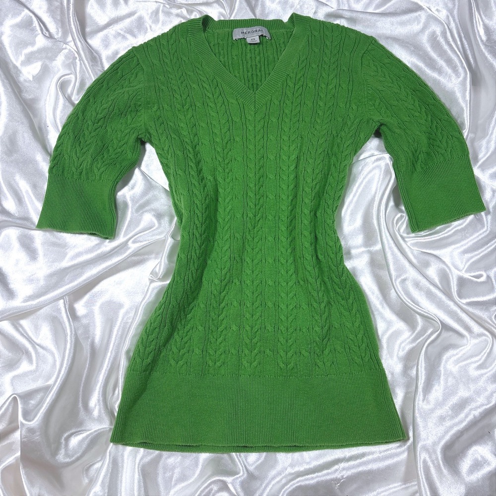 y2k Sweater Green Excellent Merona Cable Knit V-Neck 3/4 Sleeve XS